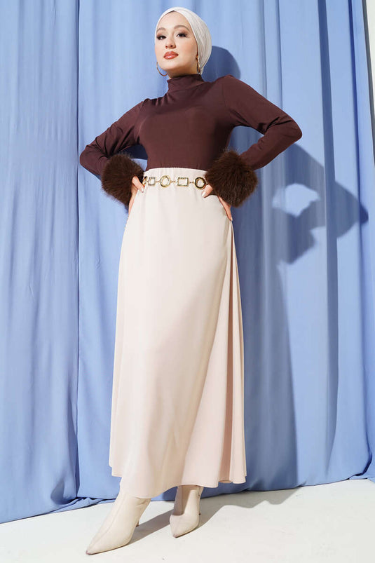 Beige Satin Skirt with Side Zipper