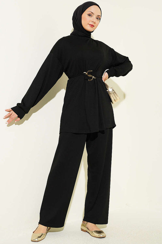 Ensemble double Loyşa avec boucle dorée et lien, noir