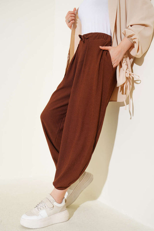 Beli İp Bağcıklı Şalvar Pantolon Kahve