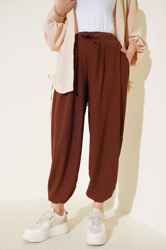 Beli İp Bağcıklı Şalvar Pantolon Kahve