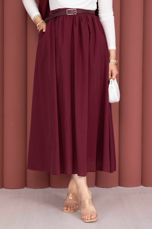 Beli Kemerli Cepli Spor Yazlık Etek Bordo