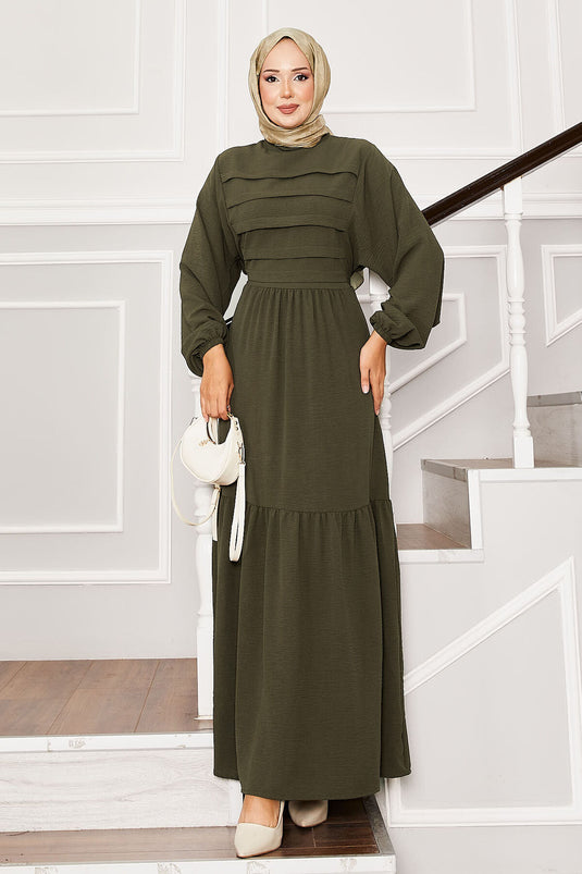 Beli Kendinden Kuşaklı Nervür Detaylı Elbise Haki