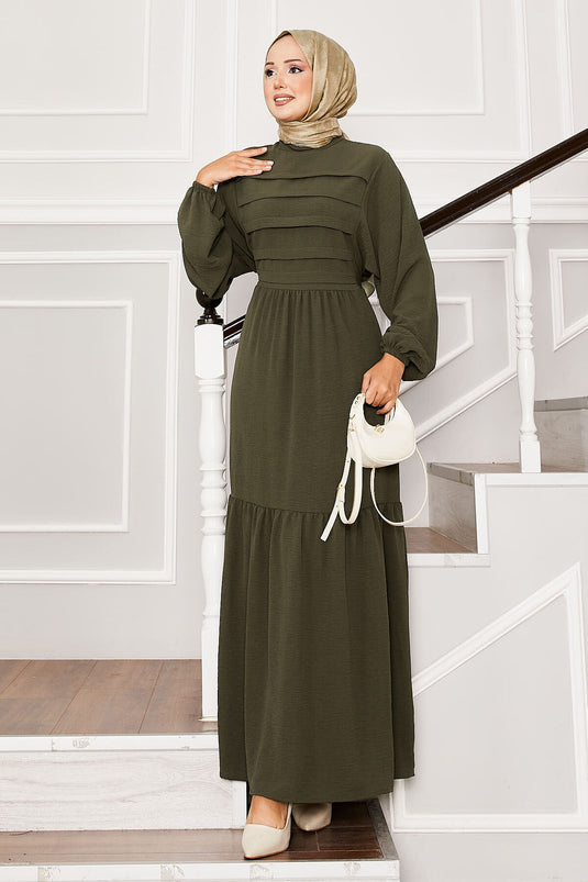 Beli Kendinden Kuşaklı Nervür Detaylı Elbise Haki