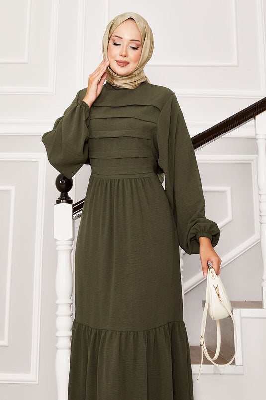 Beli Kendinden Kuşaklı Nervür Detaylı Elbise Haki