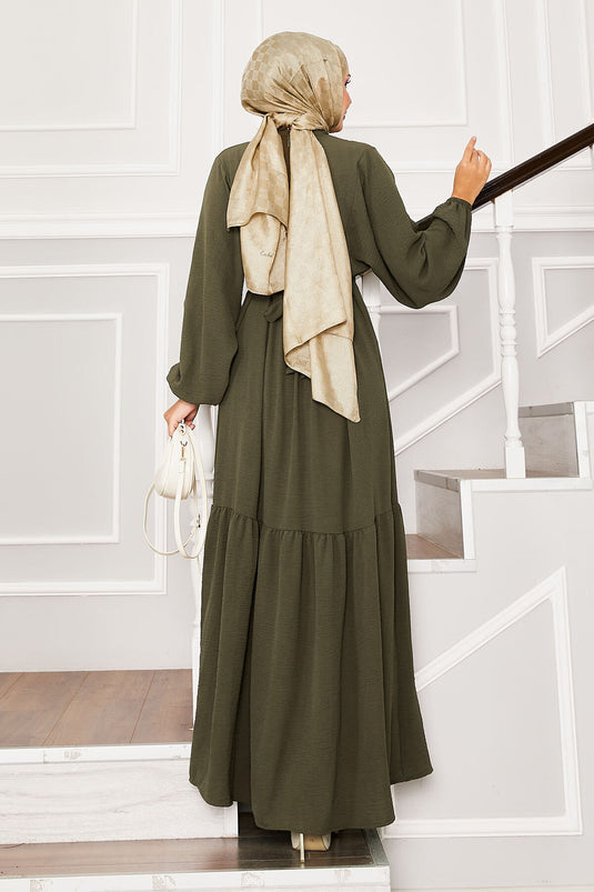 Beli Kendinden Kuşaklı Nervür Detaylı Elbise Haki