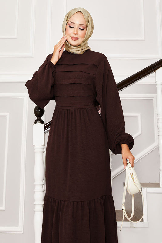 Beli Kendinden Kuşaklı Nervür Detaylı Elbise Kahve