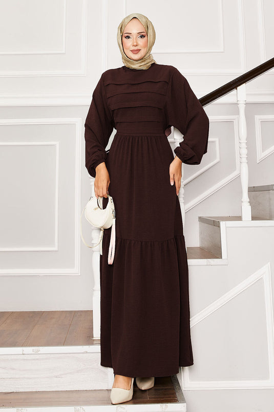 Beli Kendinden Kuşaklı Nervür Detaylı Elbise Kahve