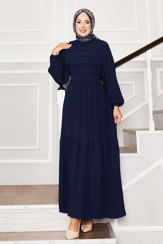 Self-Belted Waist Ribbed Detailed Dress Navy Blue