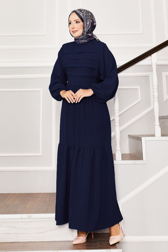 Beli Kendinden Kuşaklı Nervür Detaylı Elbise Lacivert