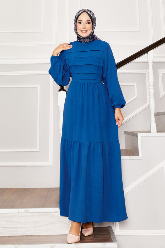 Self-Belted Waist Ribbed Detailed Dress Blue