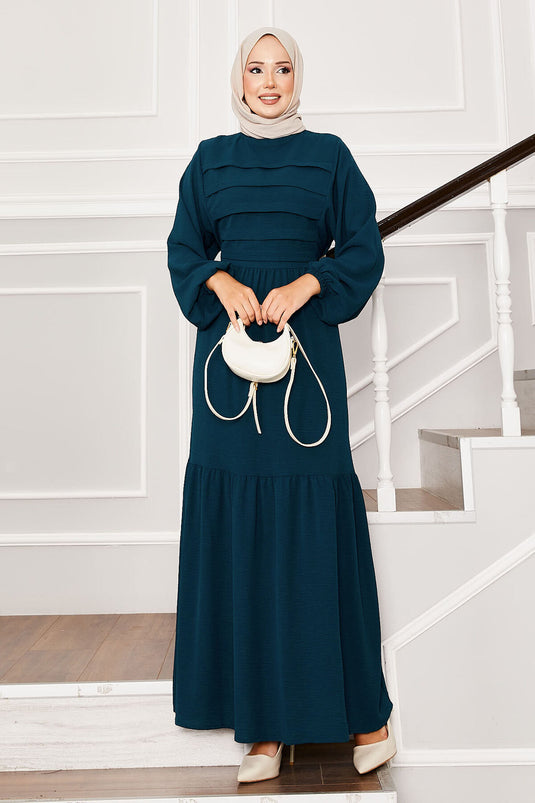 Self-Belted Waist Ribbed Detailed Dress Petrol