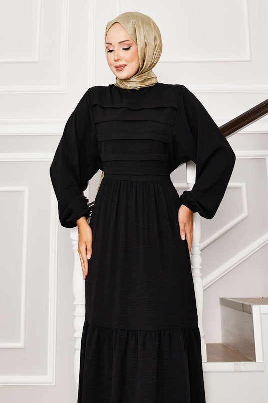 Self-Belted Waist Ribbed Detailed Dress Black