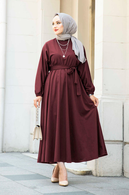 Beli Kuşaklı Tesettür Elbise 100MD-10528 Bordo