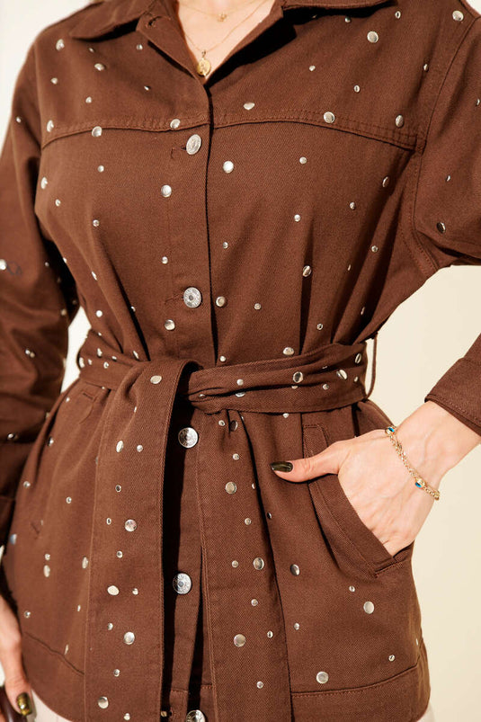 White Belted Gabardine Denim Jacket Brown