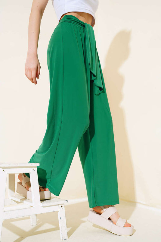 Pantalon Ample Ceinturé à la Taille Vert