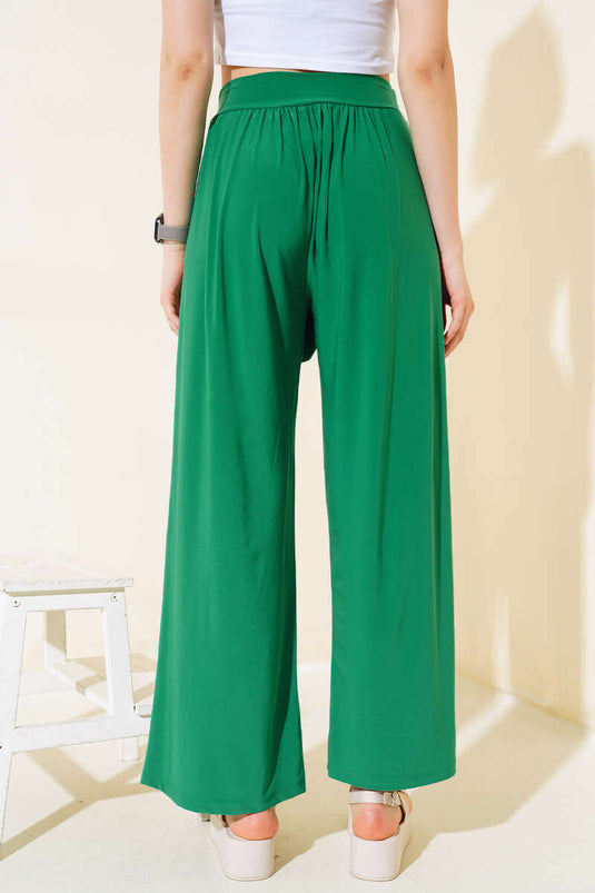 Pantalon Ample Ceinturé à la Taille Vert