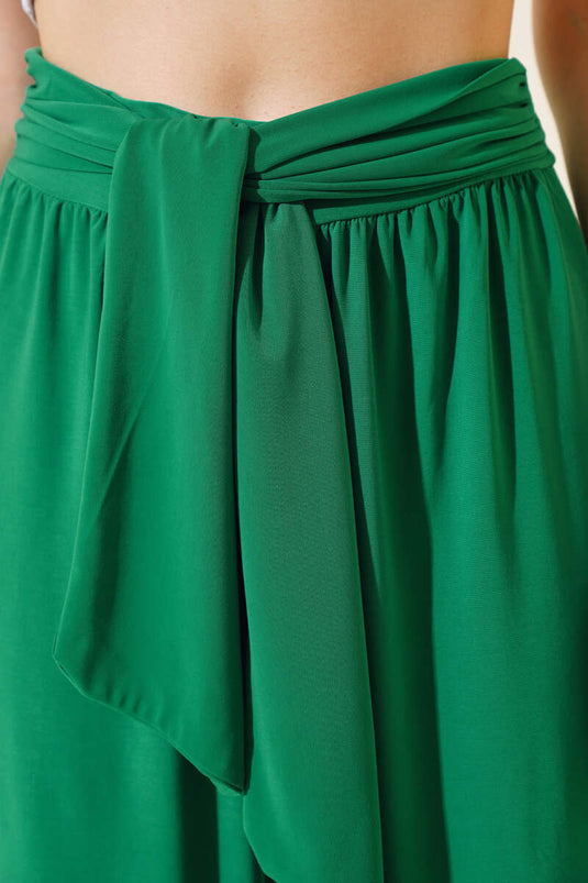 Pantalon Ample Ceinturé à la Taille Vert