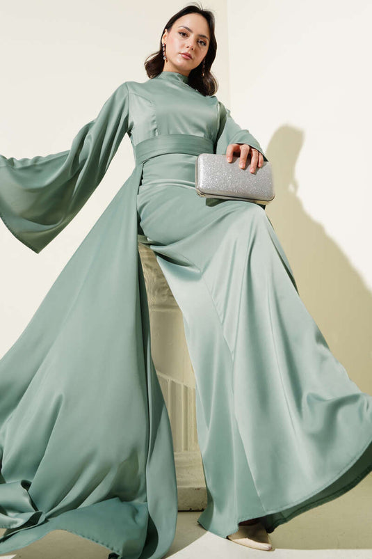 Robe de soirée en satin avec traîne à la taille Vert Aqua