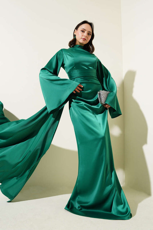 Green Satin Evening Dress with a Tail