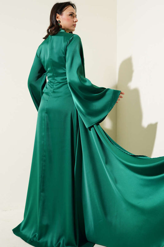 Green Satin Evening Dress with a Tail