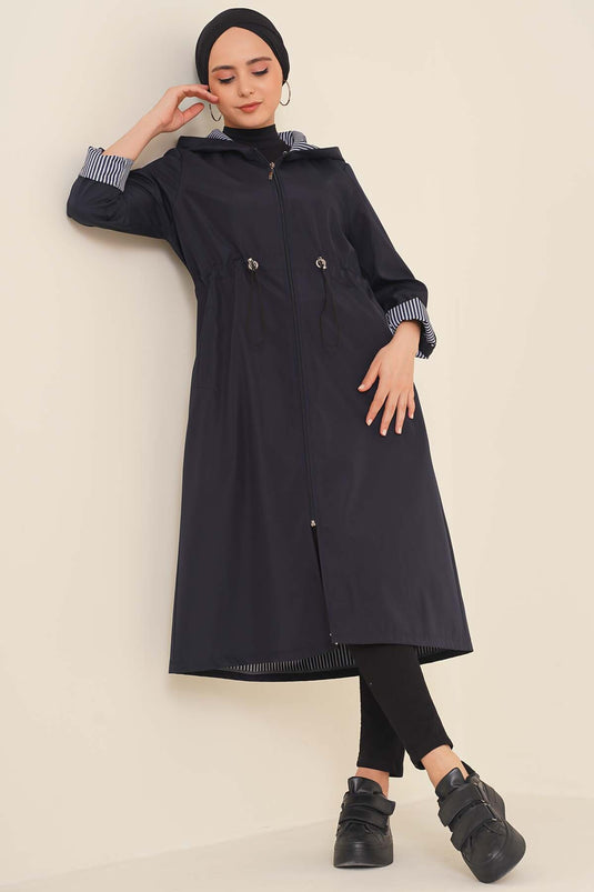 Trench avec Taille Élastique Cordon de Serrage Bleu Marine