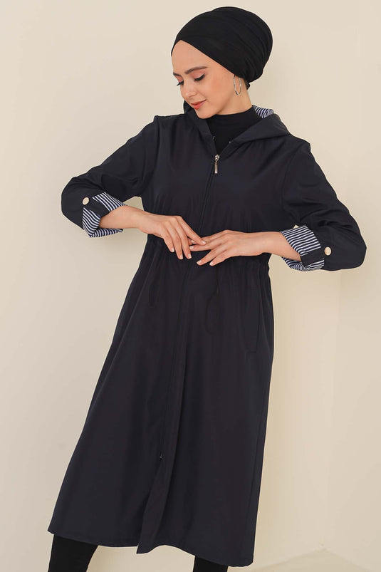 Trench avec Taille Élastique Cordon de Serrage Bleu Marine