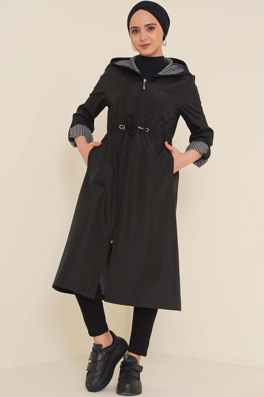 Trench avec taille élastique et cordon de serrage noir