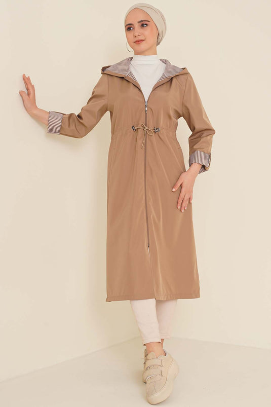 Trench-Coat avec Taille Élastique Cordon de Serrage Vison