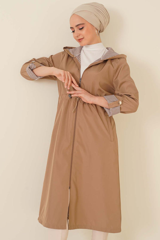 Trench-Coat avec Taille Élastique Cordon de Serrage Vison