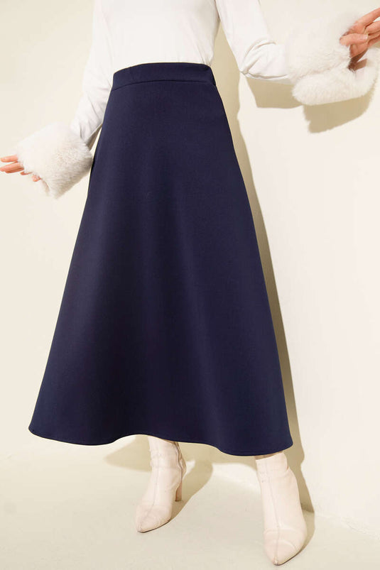 Beli Lastik Detaylı Kloş Scuba Etek Lacivert