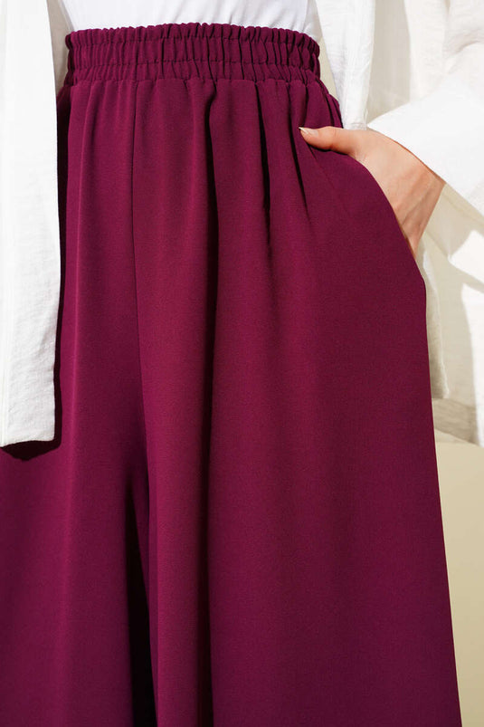 Casual Trousers with Elastic Waist Detail, Plum