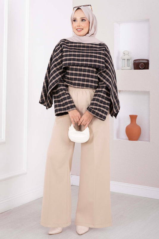 Pantalon Beige Élastiqué À Pattes Larges