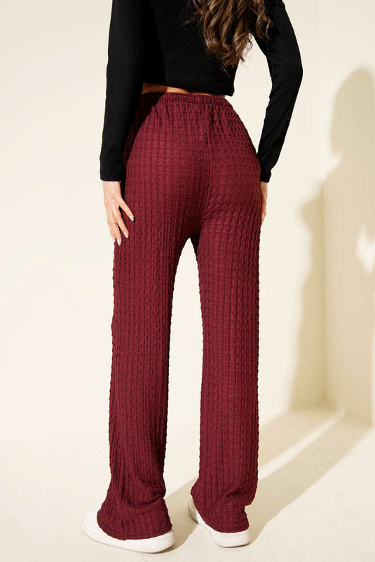 Elasticated Waist Crinkle Fabric Trousers, Burgundy