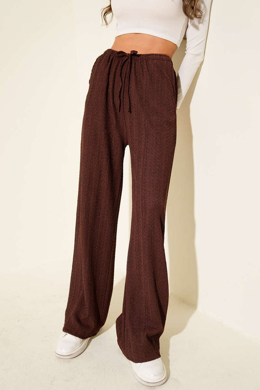 Elastic Waist Crinkle Fabric Trousers, Brown
