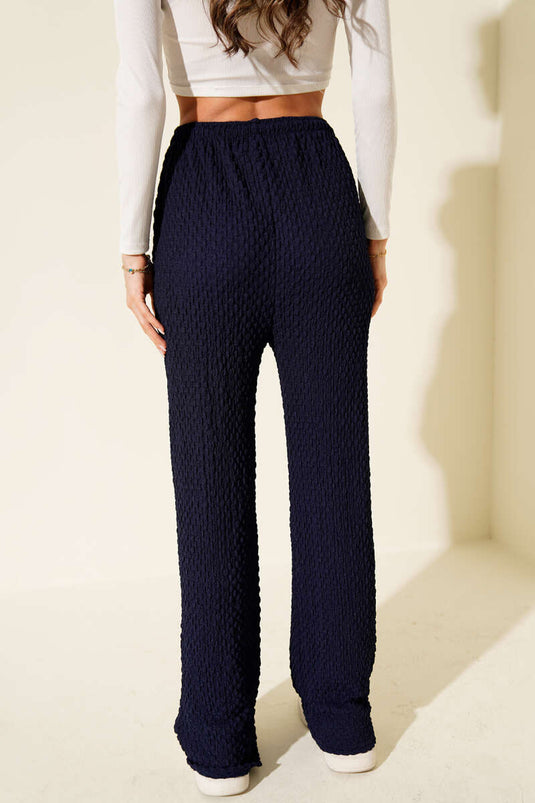 Navy Blue Crepe Trousers with Elastic Waistband