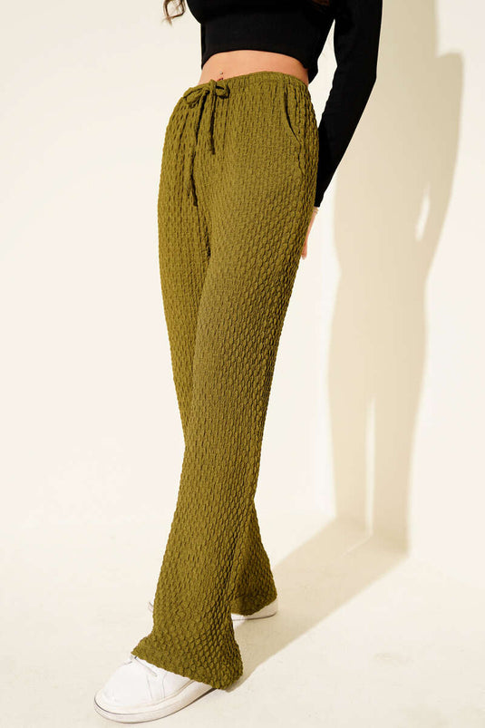 Pantalon froissé à taille élastique, vert olive