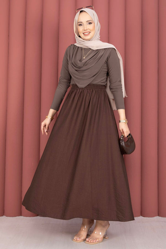 Buy Elastic Waistband Skirt with Pocket Detail Brown