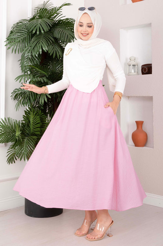 Beli Lastikli Cep Detaylı Etek Pembe