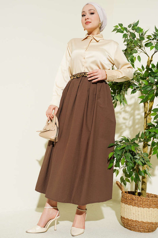 Buy Elastic Waist Pocketed Flared Skirt Brown