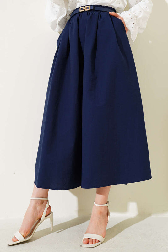 White Elastic Pocket Flared Skirt Navy Blue