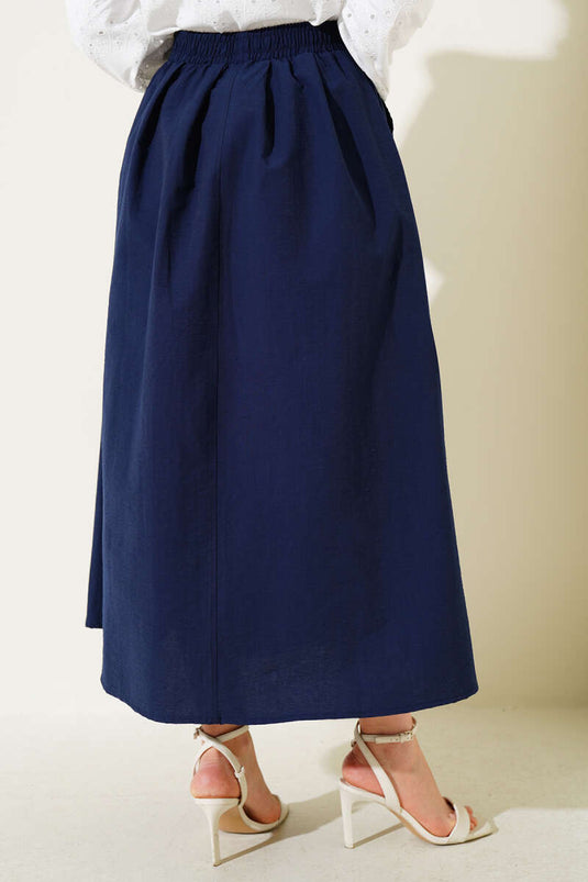 White Elastic Pocket Flared Skirt Navy Blue