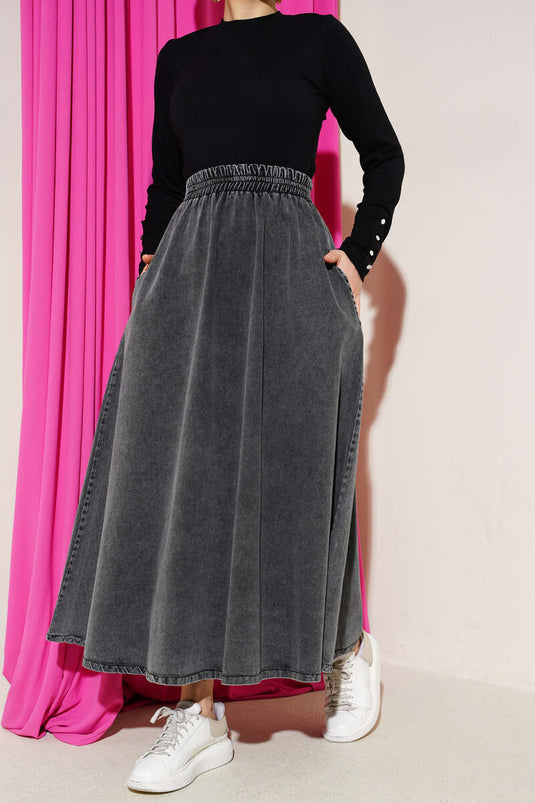 Jupe évasée en jean fumé avec poches et taille élastique