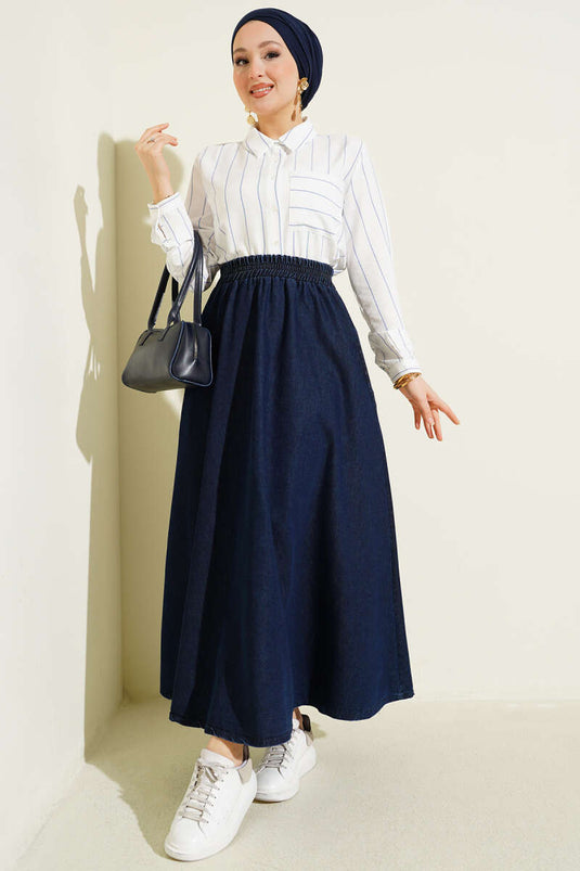 تنورة جينز واسعة بجيب وخصر مطاطي باللون الأزرق الداكن