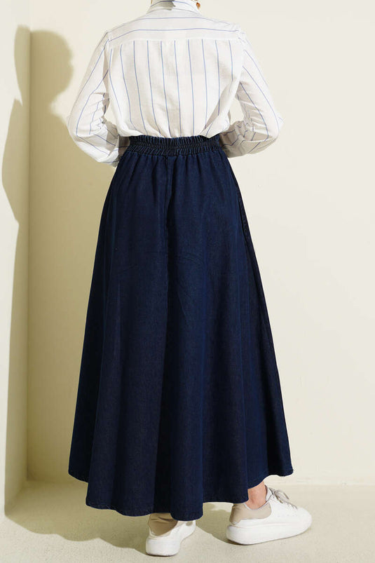 تنورة جينز واسعة بجيب وخصر مطاطي باللون الأزرق الداكن