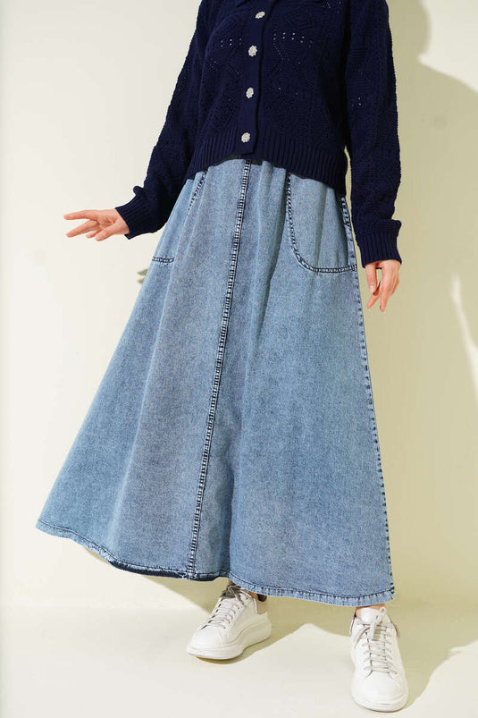 Denim Skirt with Elastic Waist and Pockets, Denim Blue