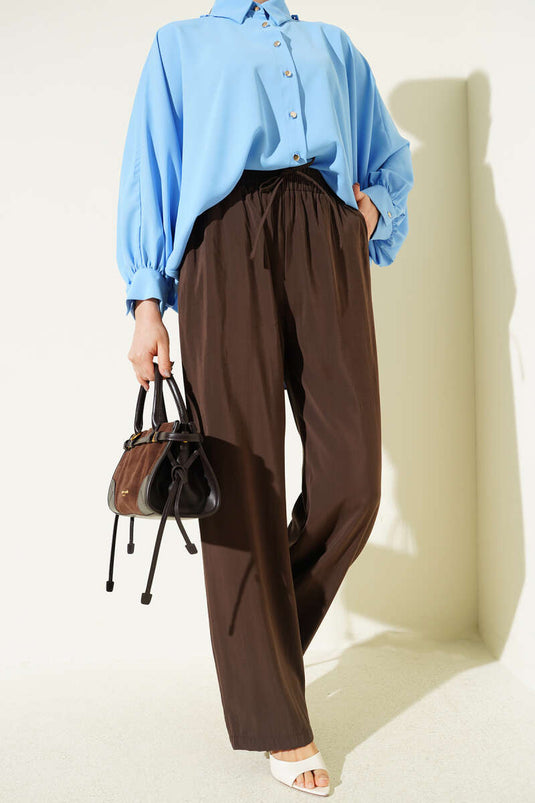 Pantaloni in modal con tasche e elastico, colore caffè