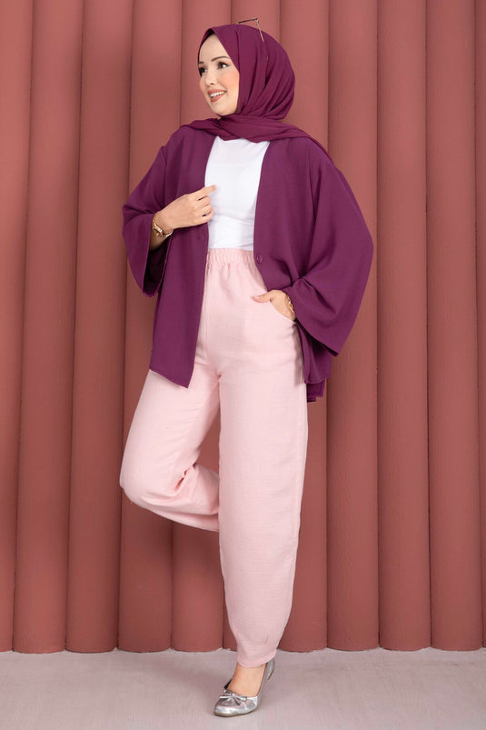 Beli Lastikli Cepli Müslin Pantolon Pembe