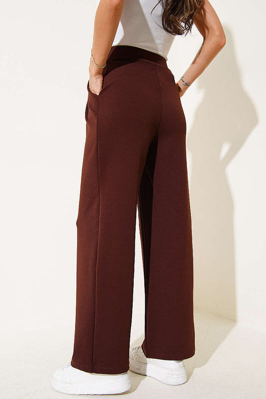 Pantalon Palazzo à poches avec ceinture élastique Marron
