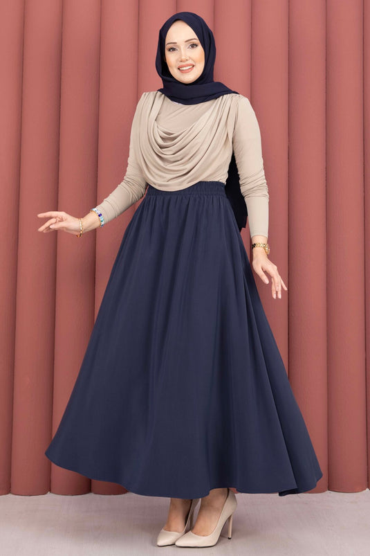 Buy Elastic Waistband Pocketed Tencel Skirt Navy Blue
