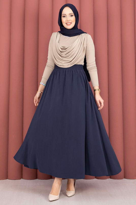 Buy Elastic Waistband Pocketed Tencel Skirt Navy Blue